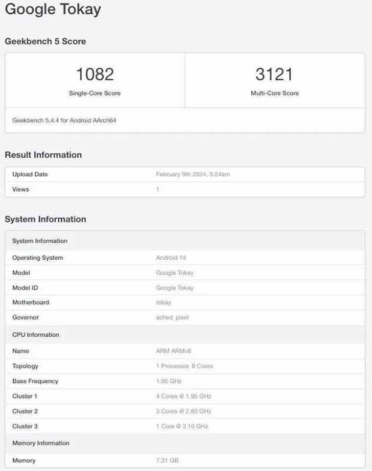 Tensor G4 processor Geekbench score