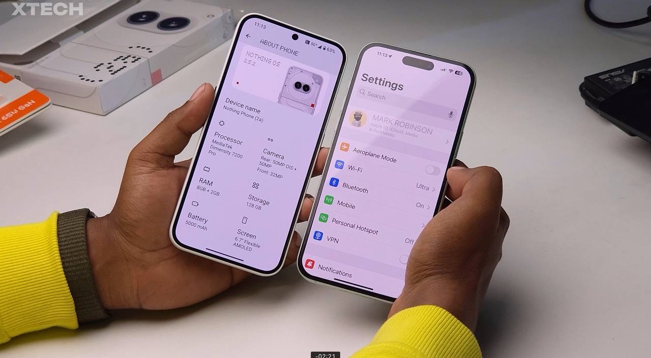 nothing phone 2a vs iPhone 15 plus display
